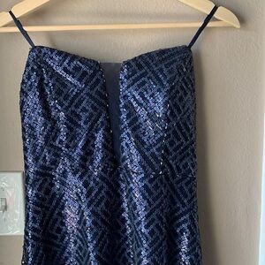 TRIXXI Navy Blue Sequin Strapless Mermaid Floor Length Dress